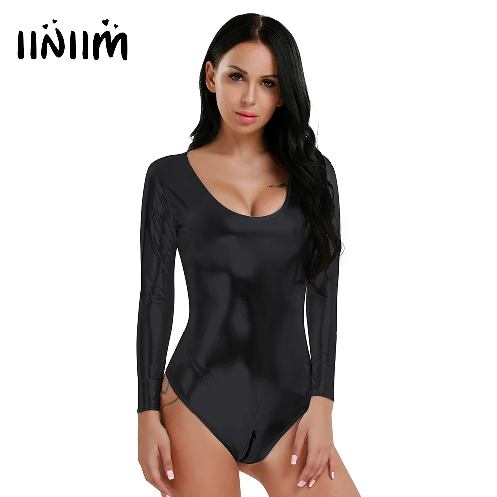 

iiniim Sexy Women Wetlook Clubwear Thong Leotard Bodysuit Zipper Open Crotch Eye-catching Lingerie Dancewear Parties Bodycon