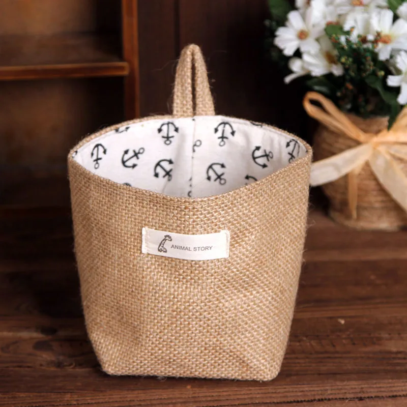 

High Quality Zakka style storage box jute with cotton lining sundries basket mini desktop storage bag hanging bags New 1pcs