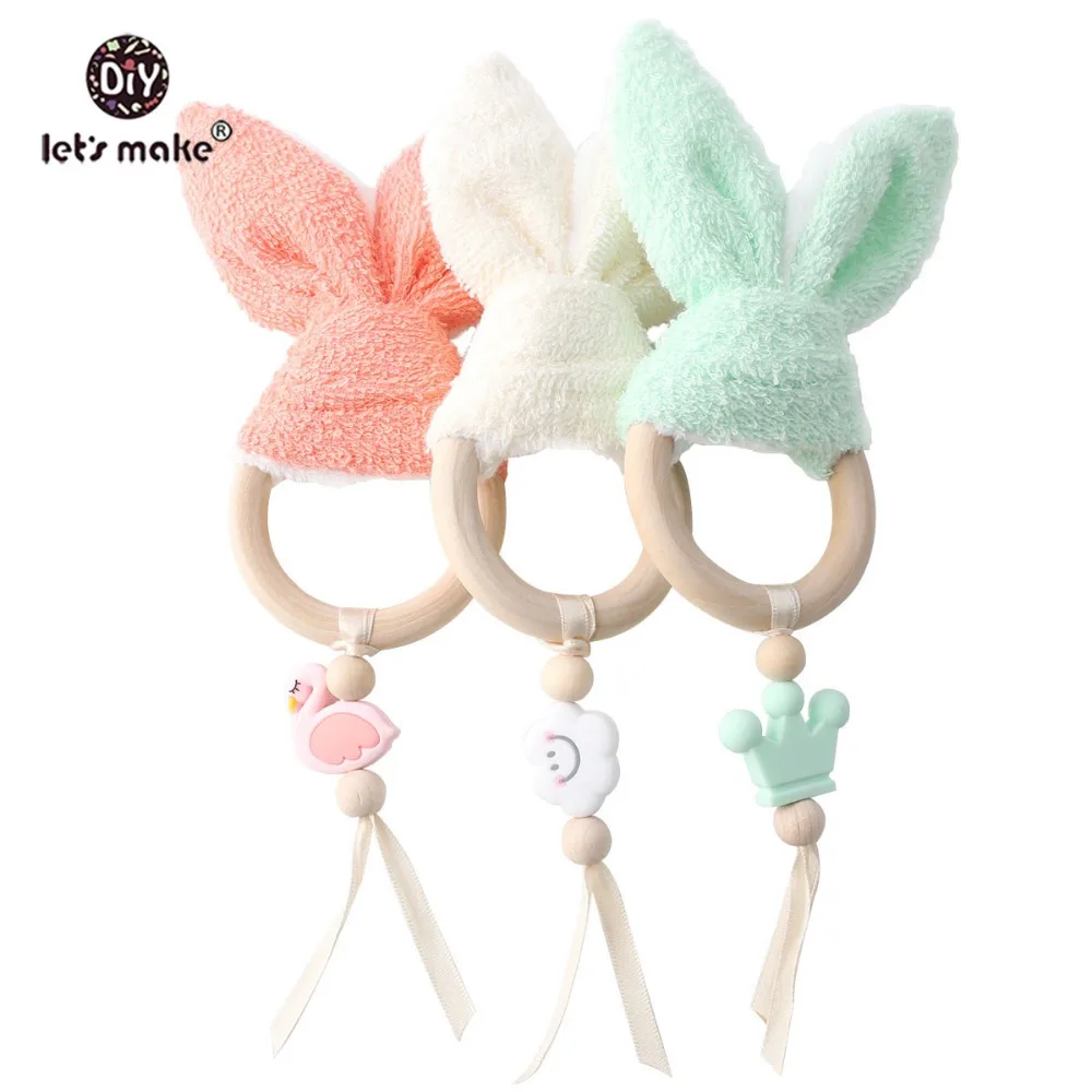 

Let's Make Baby Teether 3PC Cute Bunny Nursing Pendant Wood Rings Food Grade Wooden Teether Teething Toys Nursing Gifts Towel