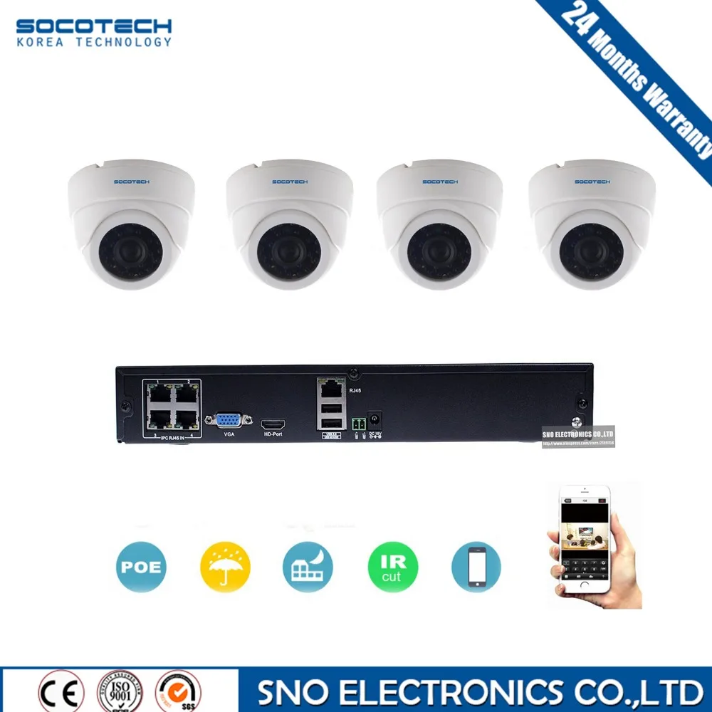 SOCOTECH Home Surveillance System 4CH IP Security Camera PoE NVR Kit System With 4 Indoor Dome IP Camera PoE 720 1080P P2P 24 IR