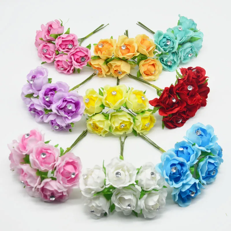

6pcs silk cheap Artificial Rose Flowers bouquet diamond For wedding car decoration decorative corsage garland wreath fake flower