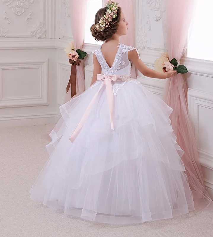 Hot-Pretty-Custom-White-Lace-Flower-Girl-Dresses-With-Belt-Tired-Tulle-Floor-Length-2016-Girls (1)