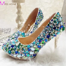 Romantische Blauen Kristall Hochzeit Schuhe Real Photo High Quality Graceful Braut High Heels Strass Plattform Party Prom Pumpen