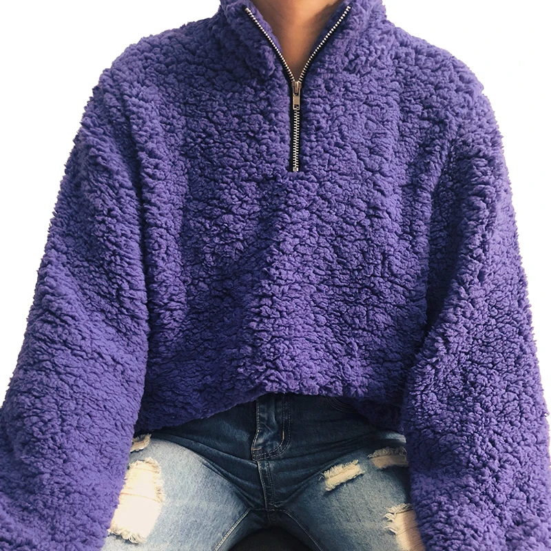 

Fashion Women Autumn Winter Lamb Fur Sweatshirts Long Sleeve Stand Collar Zippers Tops Solid Warm Solid Casual Pullovers 6Q2312
