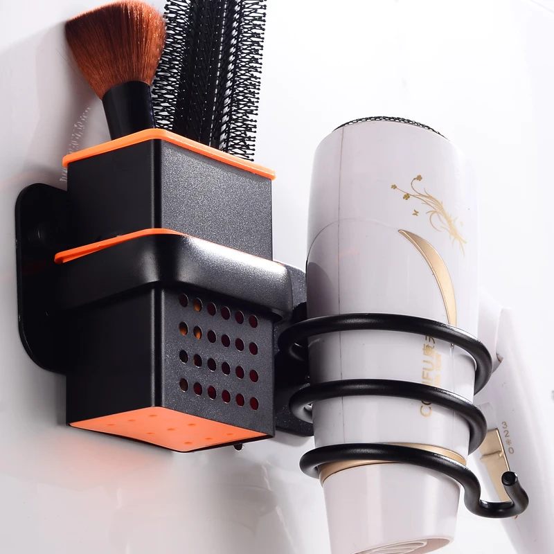 Держатель фена для ванной комнаты с чашкой, алюминиевый черный настенный держатель для волос, держатель для волос, многофункциональная полка для ванной комнаты