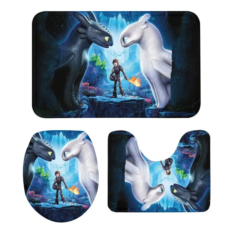 

3Pcs Toilet Seat Mat Suit How To Train Your Dragon 3D Printing Doormats Non-Slip Suction Grip Bath Mat Bathroom Eco Friendly Rug