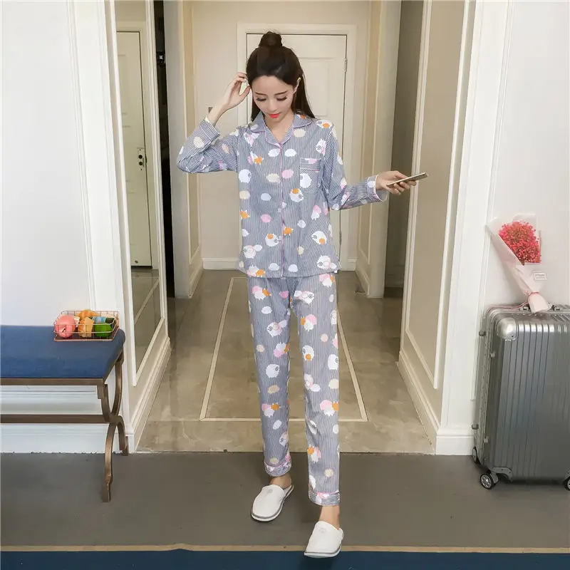 Топ с принтом кролика и штаны пижамный комплект для женщин Хлопковая пижама длинным рукавом Опрятный пижамы для девочек ночное - Цвет: KSbaiyang lantiao