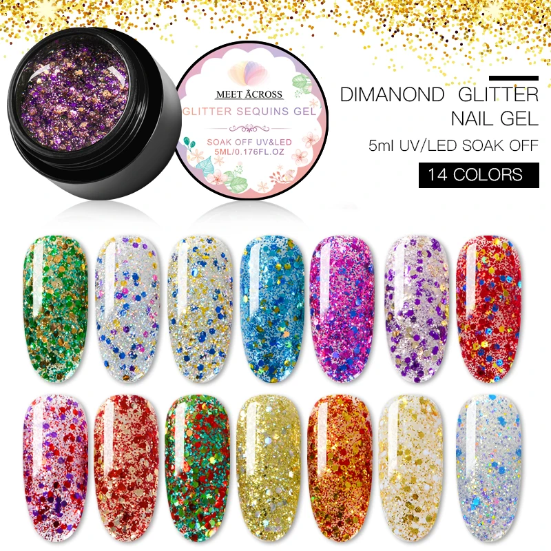 

MEET ACROSS 5ml Holographic Glitter Nail Gel Polish Shiny Laser Sequin Pink Purple Color Soak Off UV Gel Polish Nail Art Lacquer