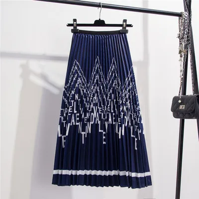Banulin, Женская богемная сатиновая плиссированная юбка миди с цветочным принтом и буквами, эластичная талия, блестящий орган, для пляжного отдыха - Цвет: Blue