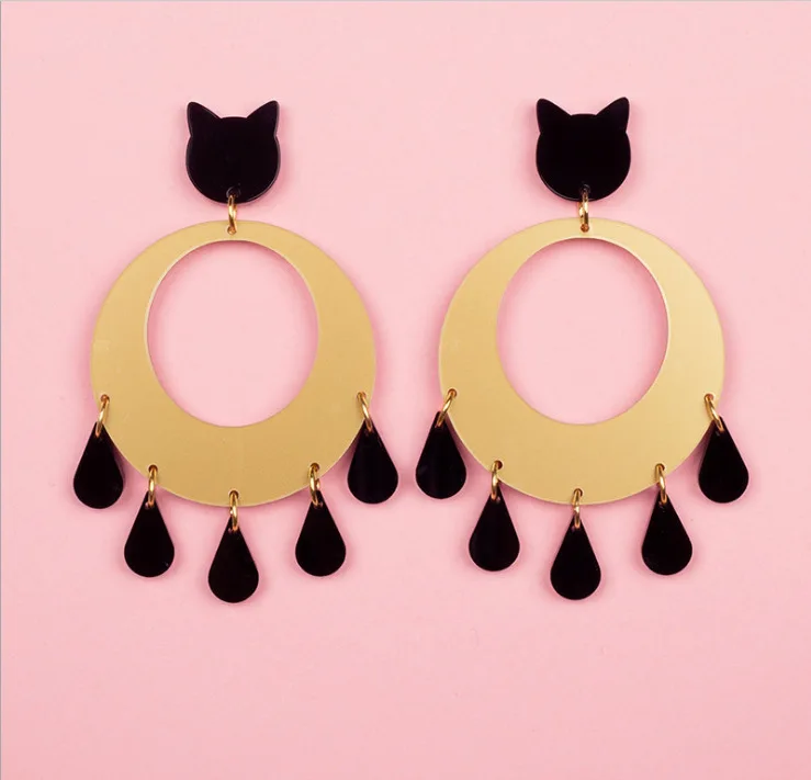

New fashion acrylic hollow out round water drop cute cat head drop earrings for women girl jewelry best gift lovely cat earrings