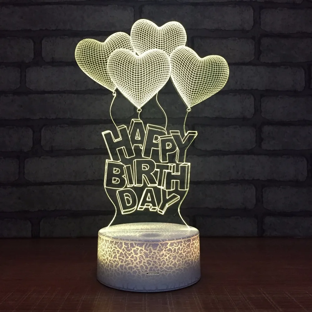 СВЕТОДИОДНЫЙ ночник в форме сердца Happy Birhtday акриловая Настольная лампа с 3D