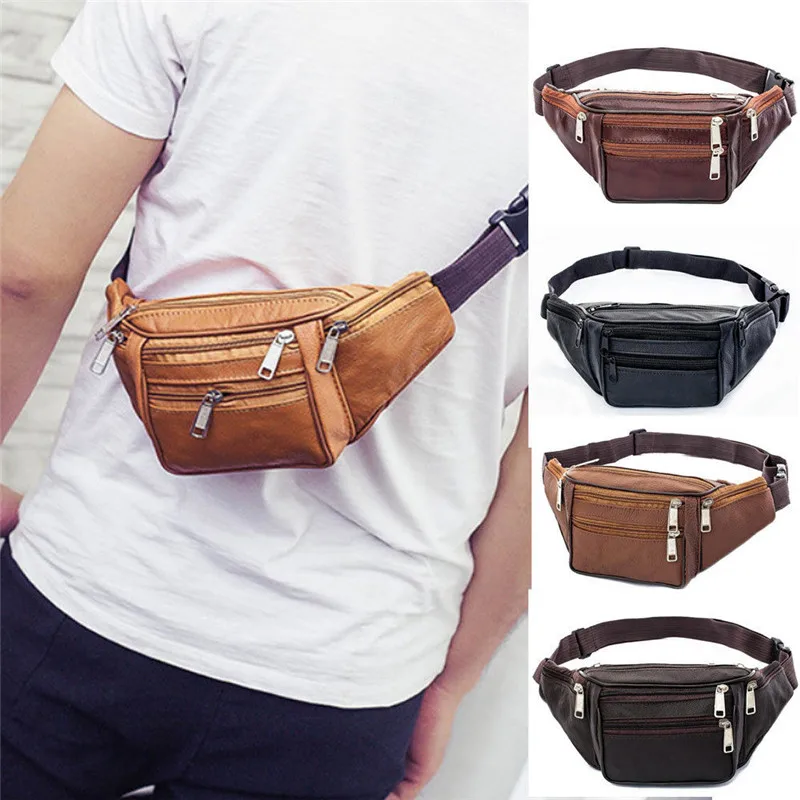 

PU Leather Nylon Mens Waist Belt Pack Storage Bag Women Hip Pouch Sundries Travel Storage Bags Black Coffee Brown