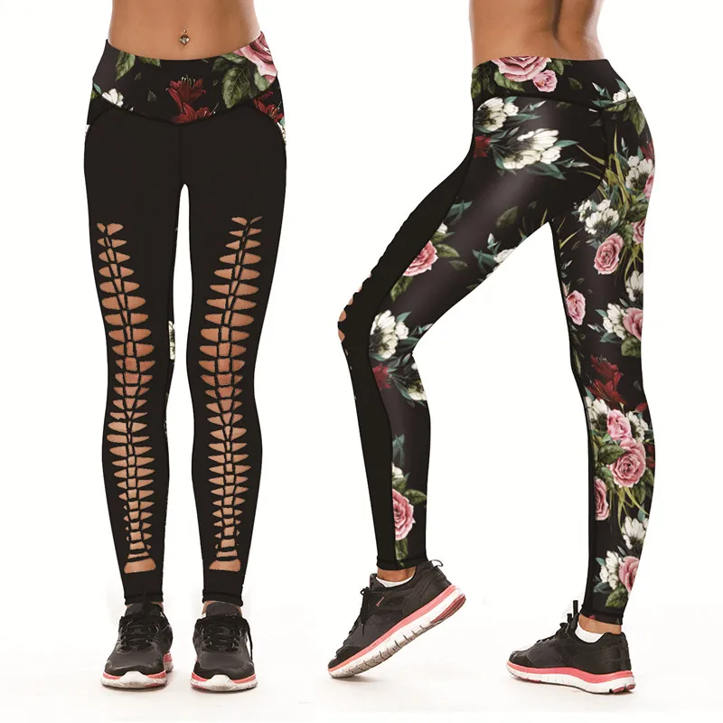 

3D colorful roses printed hollow out leggings for women 2019 streetwear polyester fitness bodybuilding ankle-length skinny pants