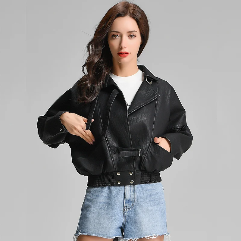 

2019 Faux Leather Jacket Long Sleeve Loose Biker Coat Casual Autumn Women PU Leather Coat Outwear Female Jackets