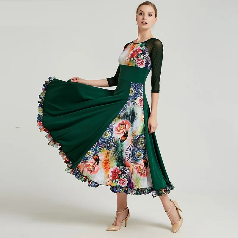 Принт Стандартный Бальные платья стандарт Танцы платья для фламенко платье, Одежда для танцев испанский танцевальный костюм платье с бахромой - Цвет: Dark Gren