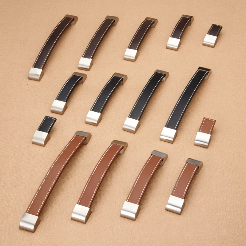 

JD European style Black/Brown Leather Cabinet Handles Zinc Alloy Door Pulls Drawer Knobs Modern Furniture Handle Hardware