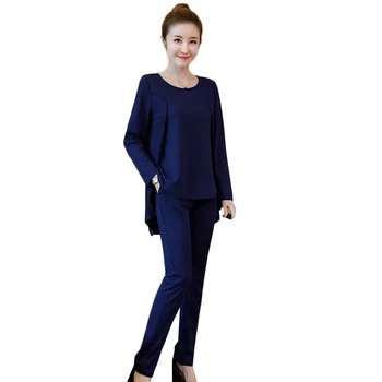 

2019 Spring Autumn Black Blue Casual Women Set Long Sleeve Fake Two Piece Tops+pants Women Suit Sets Plus Size Women's Costumes