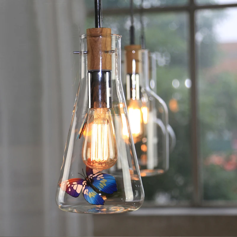 

Nordic style transparent glass bottle chandelier Simple Art Cafe balcony bar single head windows small hanging lamp