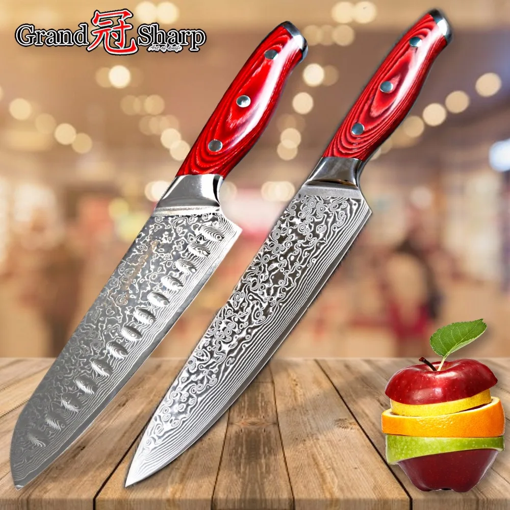 Knife Set 2 Piece Damascus Kitchen Knives Chef Santoku ...