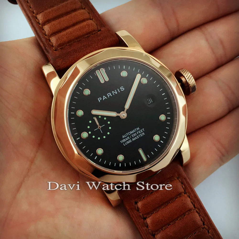 

44mm Parnis Watch Seagull Automatic Movement Leather Strap Fashion Men's Watches