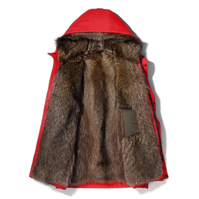 Пальто из натурального меха енота для мужчин Новая модная зимняя теплая парка Мужская Меховая куртка из натуральной овчины толстая верхняя одежда с капюшоном