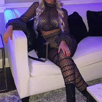 

2PCS Sexy Clothes Set Fashion Women Sheer Long Sleeves Tops Pants Bodycon Club Outfits Mesh Dot Print Sets Casual Two Piece Set