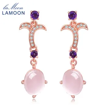 

LAMOON Pink Romantic Drop Earrings For Girls 100% Natural Ball Rose Quartz 925 Sterling Silver Fine Jewelry Accessories EI010