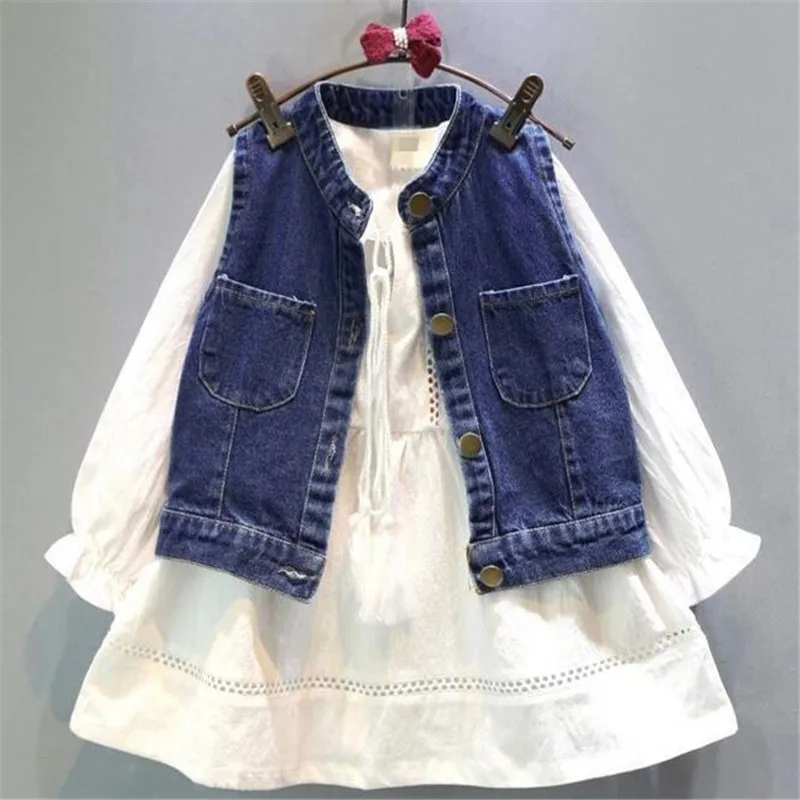 

2018 Girls Clothing Set Jeans Waitcoat+Dress 2pcs Suit Children Overcoat 100% Cotton Princess Dress White Color Vest Jacket Set