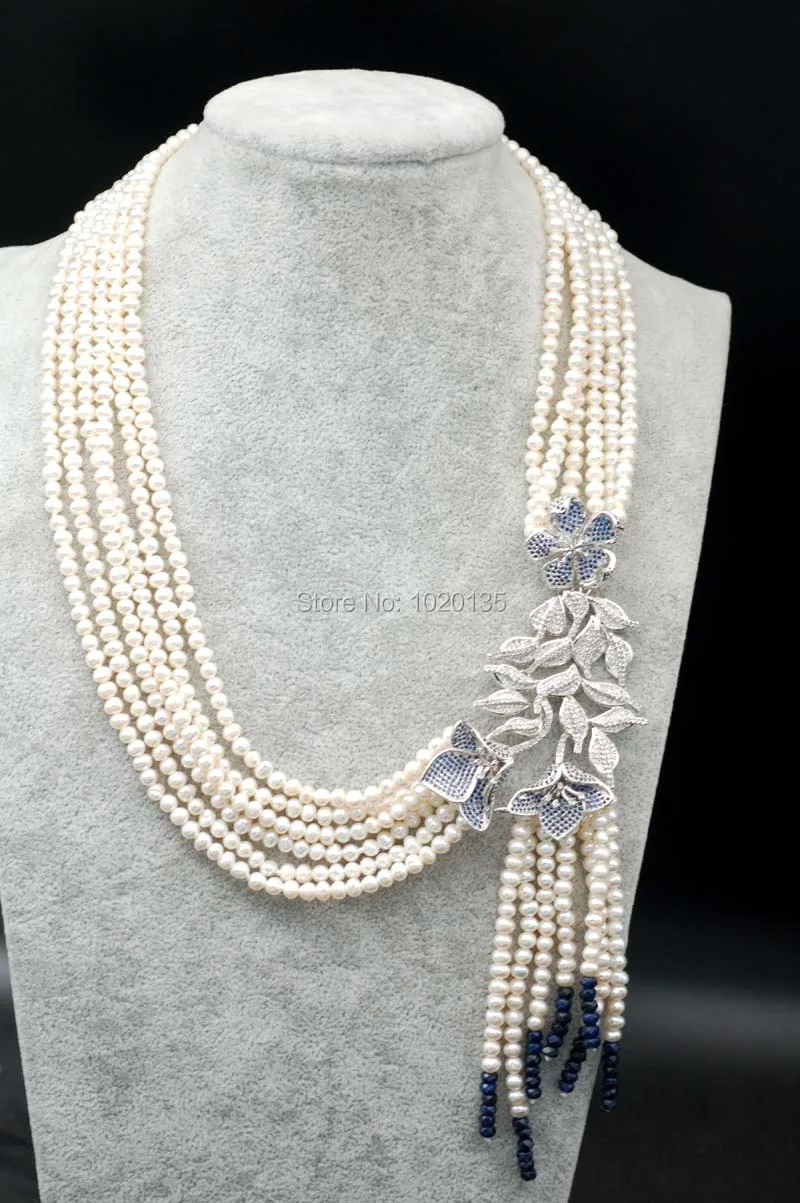 

one set 6rows freshwater pearl white near round and blue jasper and blue zircon flower necklace earrings amazing gift FPPJ