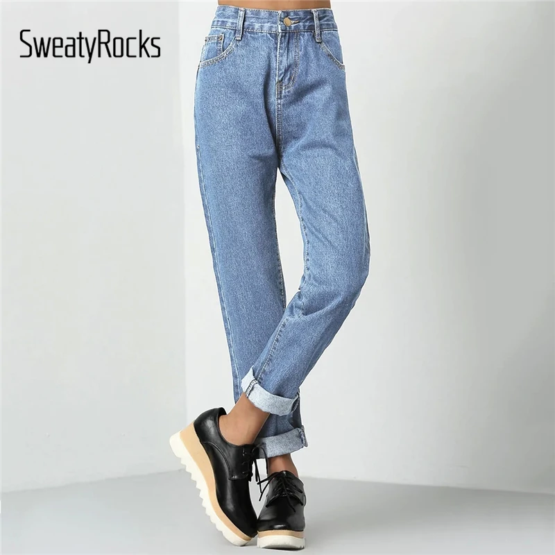 SweatyRocks Rolled Up Mom Jeans Streetwear Women Casual Loose Solid Pants And Trousers 2019 Spring Zipper Fly Basics Jeans SweatyRocks Rolled Up Mom Jeans Streetwear Women Casual Loose Solid Pants And Trousers 2019 Spring Zipper Fly Basics Jeans