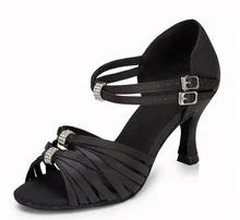 New Women Black Satin Rhinestone Buckles Salsa Ballroom Tango Dance Shoes Latin Dance Dancing Shoes ALL Size