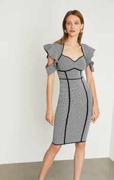 

2019 Dress Sexy Celebrity Ruffles Short Plaid Women Elegant Bandage Vintage Night Club Strapless Body conParty Dresses Wholesale