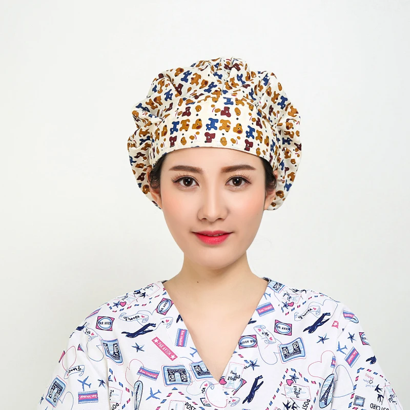 2018 New Women Bear Print Medical Uniforms Surgical Caps Doctor And Nurse Long Hair Medical Flower