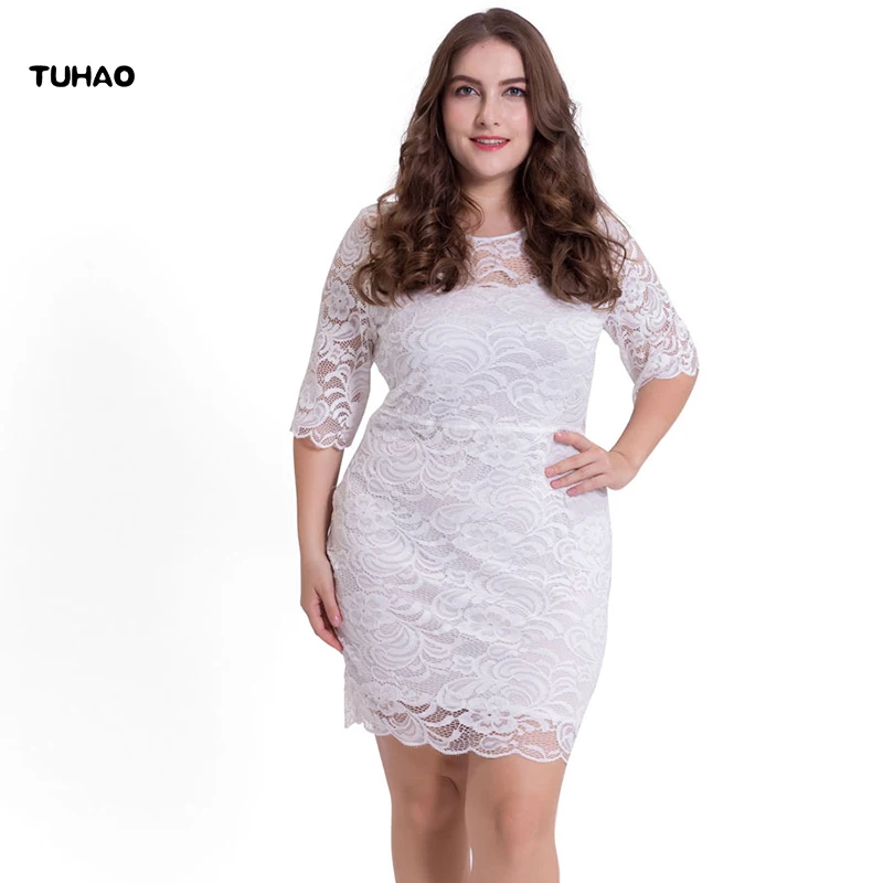 

TUHAO 2017 plus size 3XL 4XL 5XL woman party dresses Elegant Dress Women Burgundy white solid Lace half Sleeve mini Dress NA66