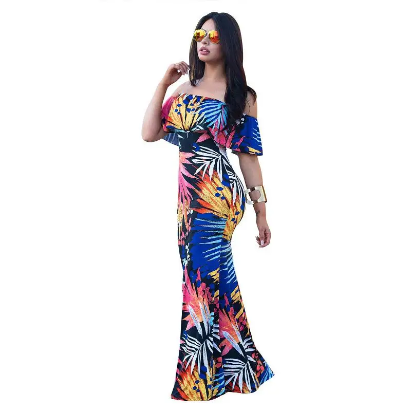 

Women Boho Maxi Dress 2018 New Summer Style Off Shoulder Ruffled Print Long Dresses Feminine Floor Length Beach Long Dress