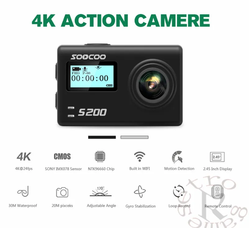 Экшн камера SOOCOO S200 Ultra HD 4K NTK96660 + IMX078 с Wi Fi Gryo Голосовое управление внешний микрофон