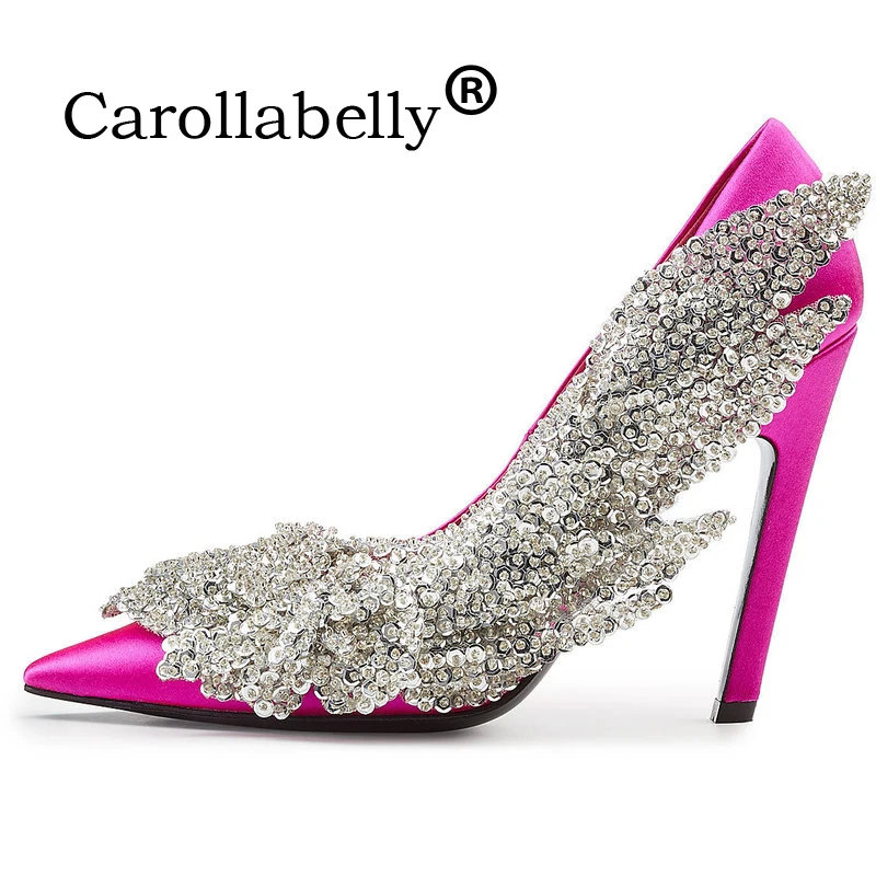 Carollabelly Брендовая обувь с украшением в виде кристаллов Для женщин высокий каблук стразы лист гладиаторы; свадебные туфли из натуральной кожи с заостренным носком на высоком каблуке
