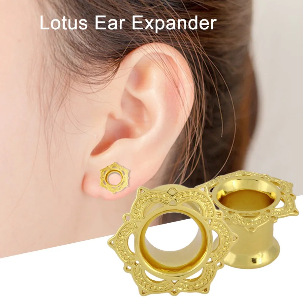 Lotus Flower Design Double Flared Gold Brass Ear Plugs and Tunnels