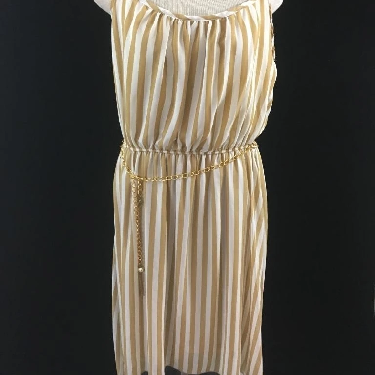 Andrea dress Size XL spaghetti strap gold beige striped chain belt