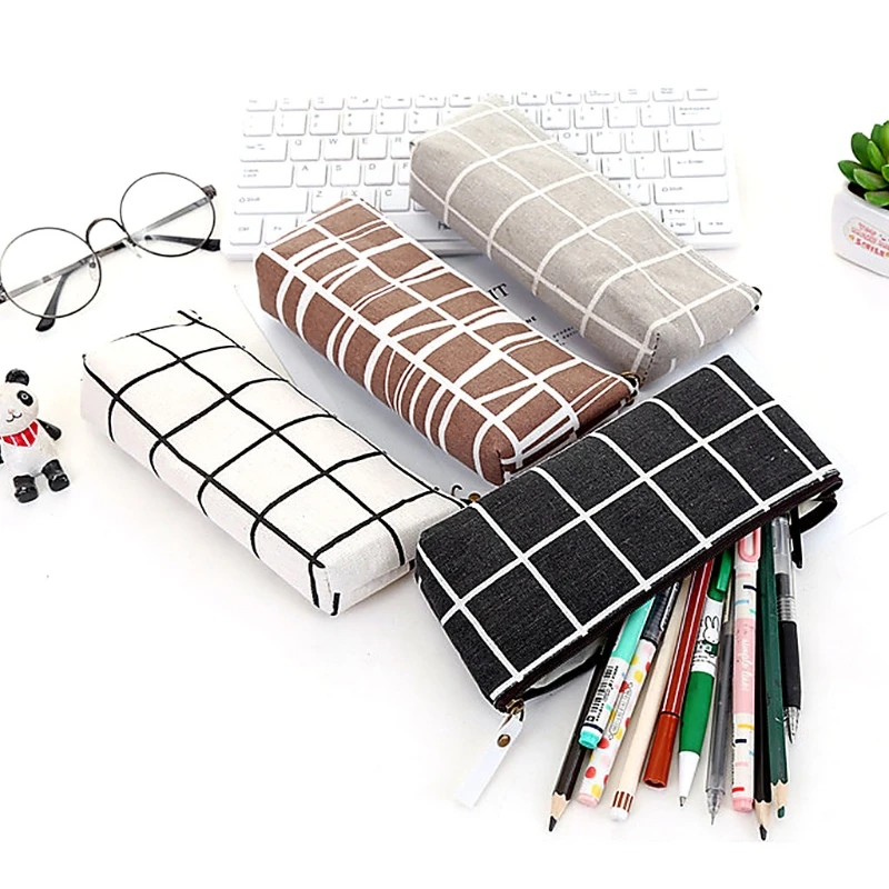 

Canvas Pencil Case School Pencil Bag Simple Striped Grid Pencil case For School