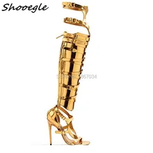 SHOOEGLE/пикантные сапоги до колена из лакированной кожи золотистого и черного цвета с вырезами и открытым носком на высоком каблуке женские летние босоножки для ночного клуба