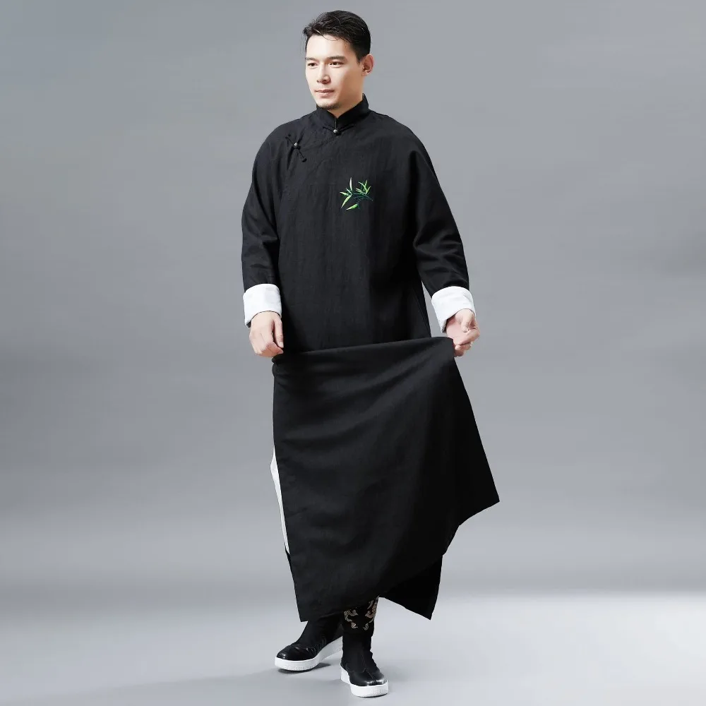 LZJN Chinese Men Classic Master Clothing X-Long Linen Trench Robe Gown Coat Two Side Slit Kung Fu Tai Chi Traditional Outfit (13)