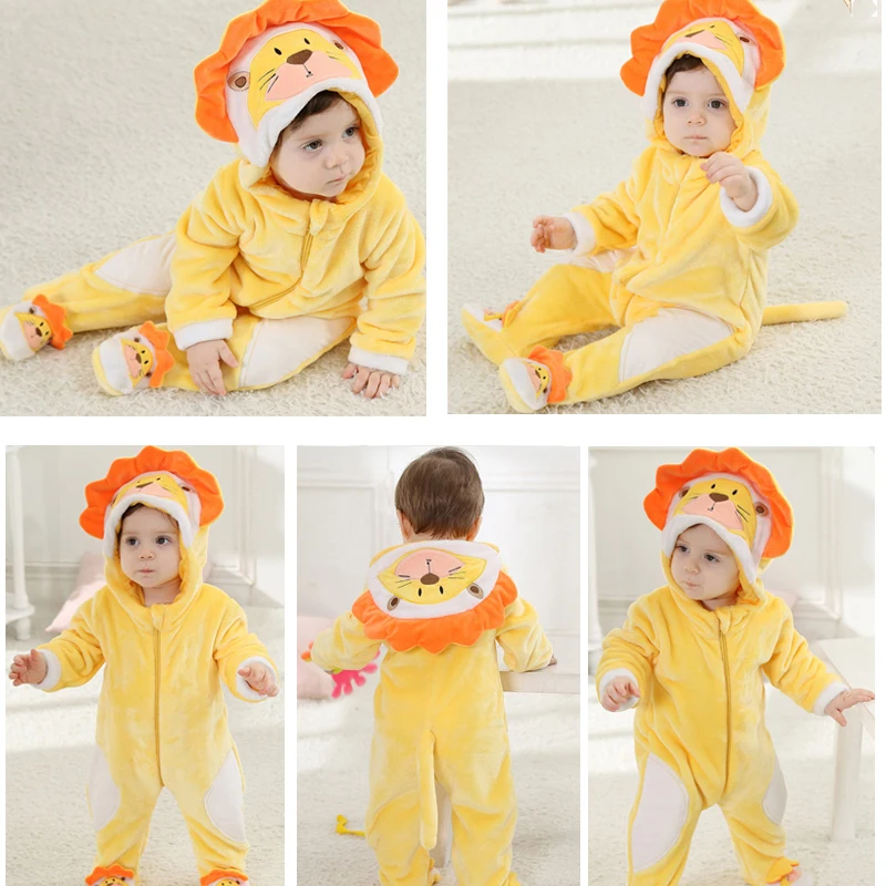 Goedkoop Baby rompertjes Cartoon Winter Warm Coral Fleece Leuke Leeuw Kerst geschenken Baby Jongen Meisje pyjama Vis roupas de bebe recem nascido