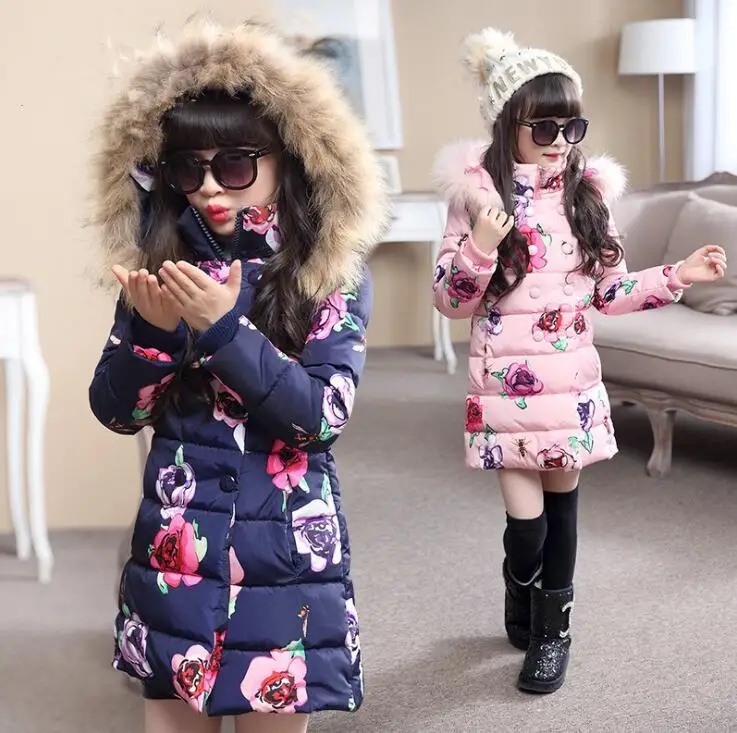 

girls winter jacket Korean 3-13 years old girls down coats girl winter fur collar children's parkas hot Flower print hooded