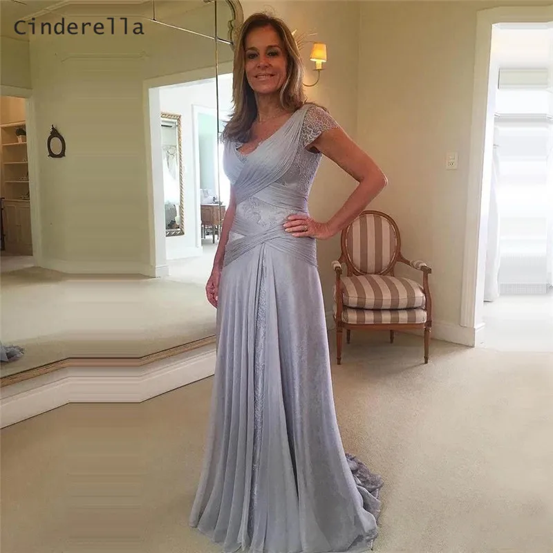 

Cinderella Sexy V-Neck Cap Sleeves Floor Length Lace Applique Chiffon Evening Dresses Graduation Lace Chiffon Evening Dresses