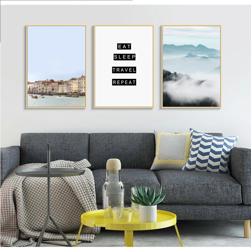 Landscape Canvas Printing Building Painting Nordic Blue Art Prints Car Mountain Wall Picture for Home Decoration (5)