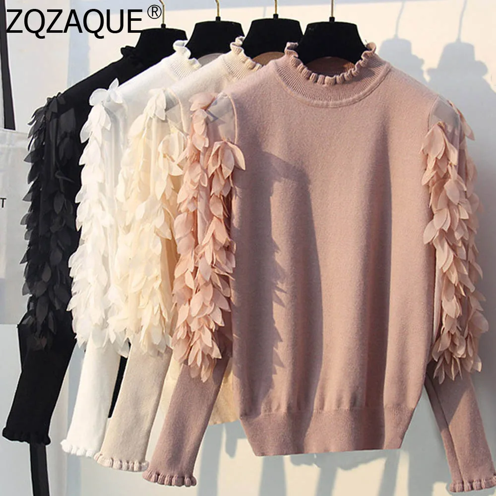 

2019 New Sweet Korean Style Sweaters Fashion Women's Latern Sleeve Mesh Patchwork Knit Tops Half Turtleneck Fall Winter Jumper