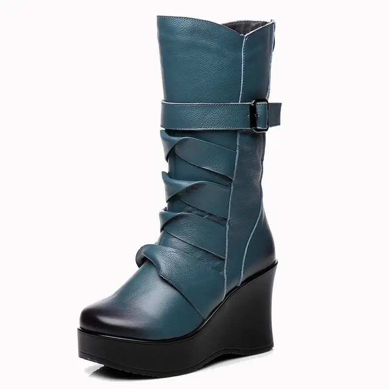 GKTINOO/Новые модные женские сапоги из натуральной кожи; зимняя теплая обувь до середины икры; повседневная женская обувь на танкетке; женские мотоботы - Цвет: Синий