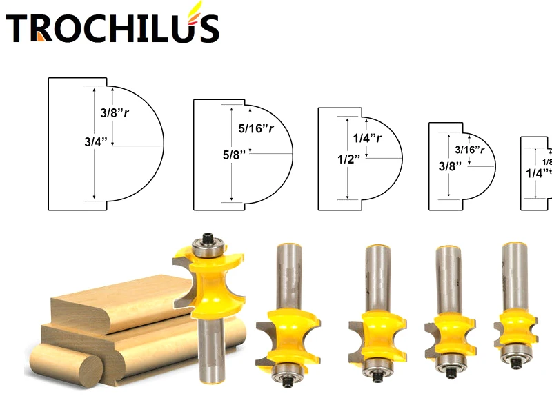 New typs 1/2 Shank 5PCS Bullnose Router Bit Set Carbide wood milling