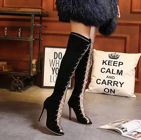 

Open The Toe Women Over The Knee Thin High Heels Gladiator Long Boots Peep Toe Cut Out Lace Up Thigh High Summer Boots